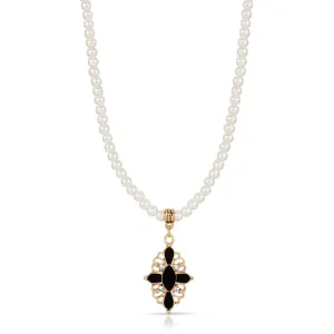 1928 Jewelry Enamel & Stone Black Cross 4mm Faux Pearl Strand Pendant Necklace 15"  3" Extender