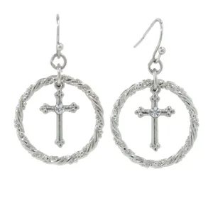 1928 Jewelry Suspended Crystal Accent Cross Silver Rope Hoop Drop Earrings