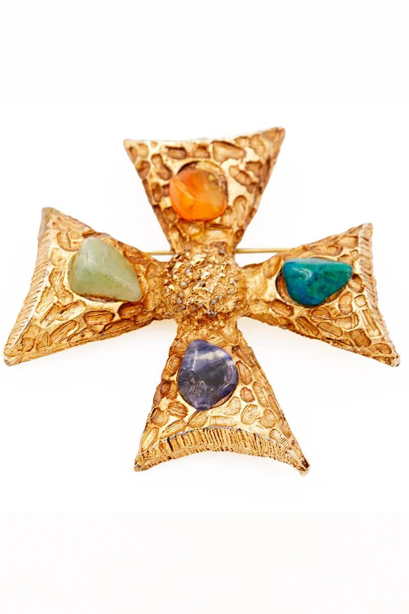 1980s Vintage Maltese Cross Pendant or Brooch W Gemstones