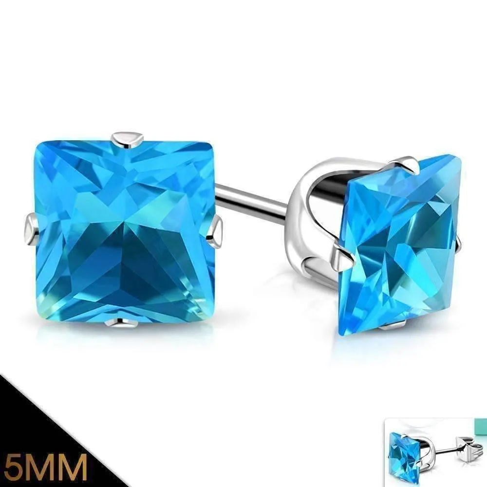 Aqua Princess Cut Swiss Cubic Zirconia Stud Earrings 316 Stainless Steel