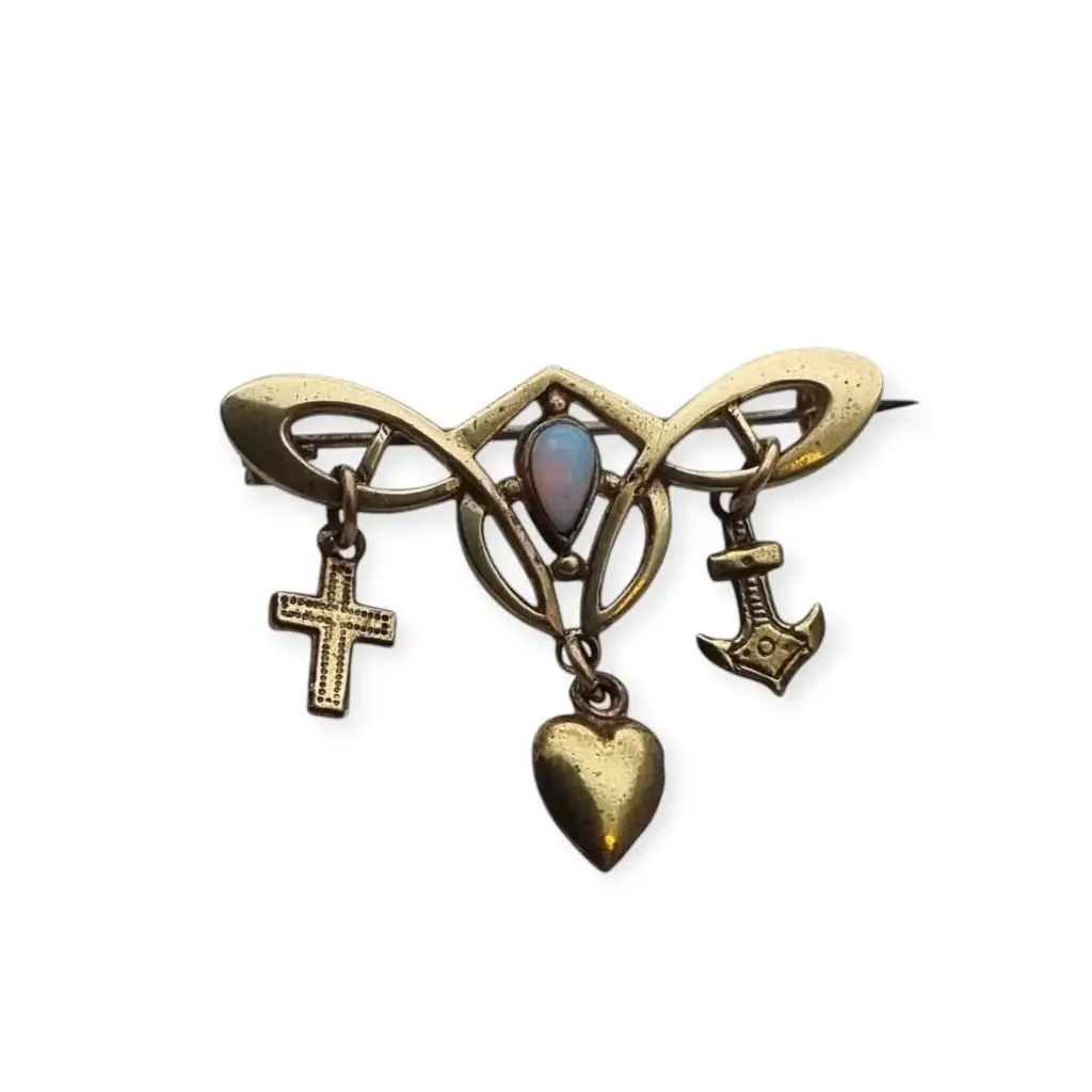 Art Nouveau Brooch Cross, Anchor and Heart for Faith, Hope and Love with Opal, 19th Century.