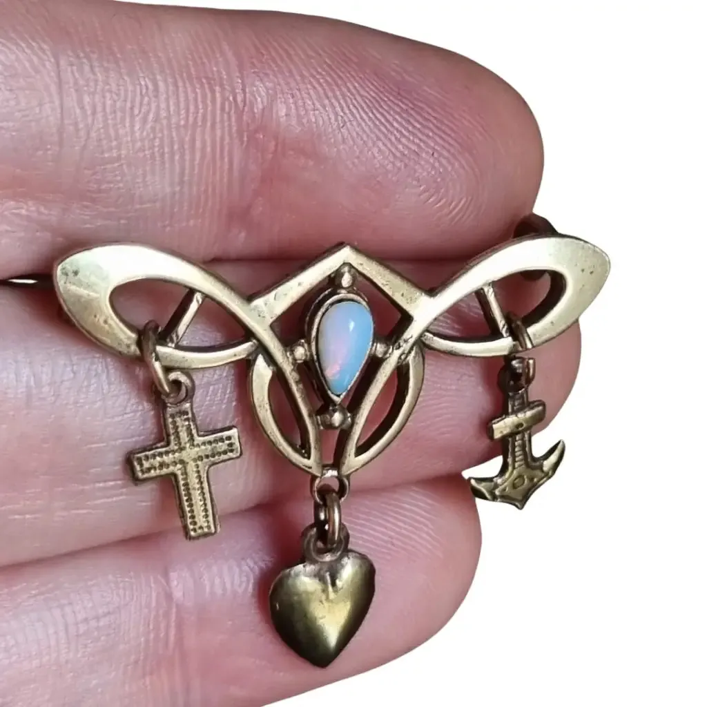 Art Nouveau Brooch Cross, Anchor and Heart for Faith, Hope and Love with Opal, 19th Century.