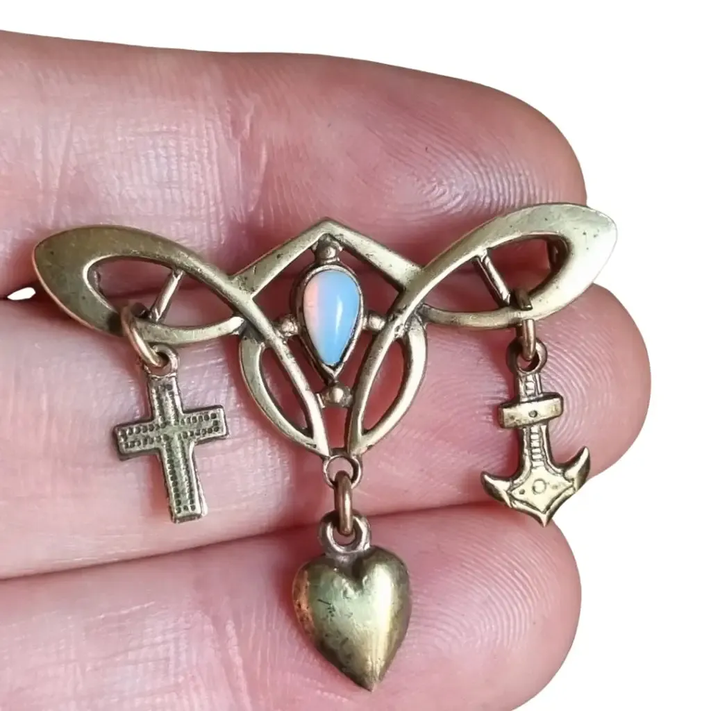 Art Nouveau Brooch Cross, Anchor and Heart for Faith, Hope and Love with Opal, 19th Century.