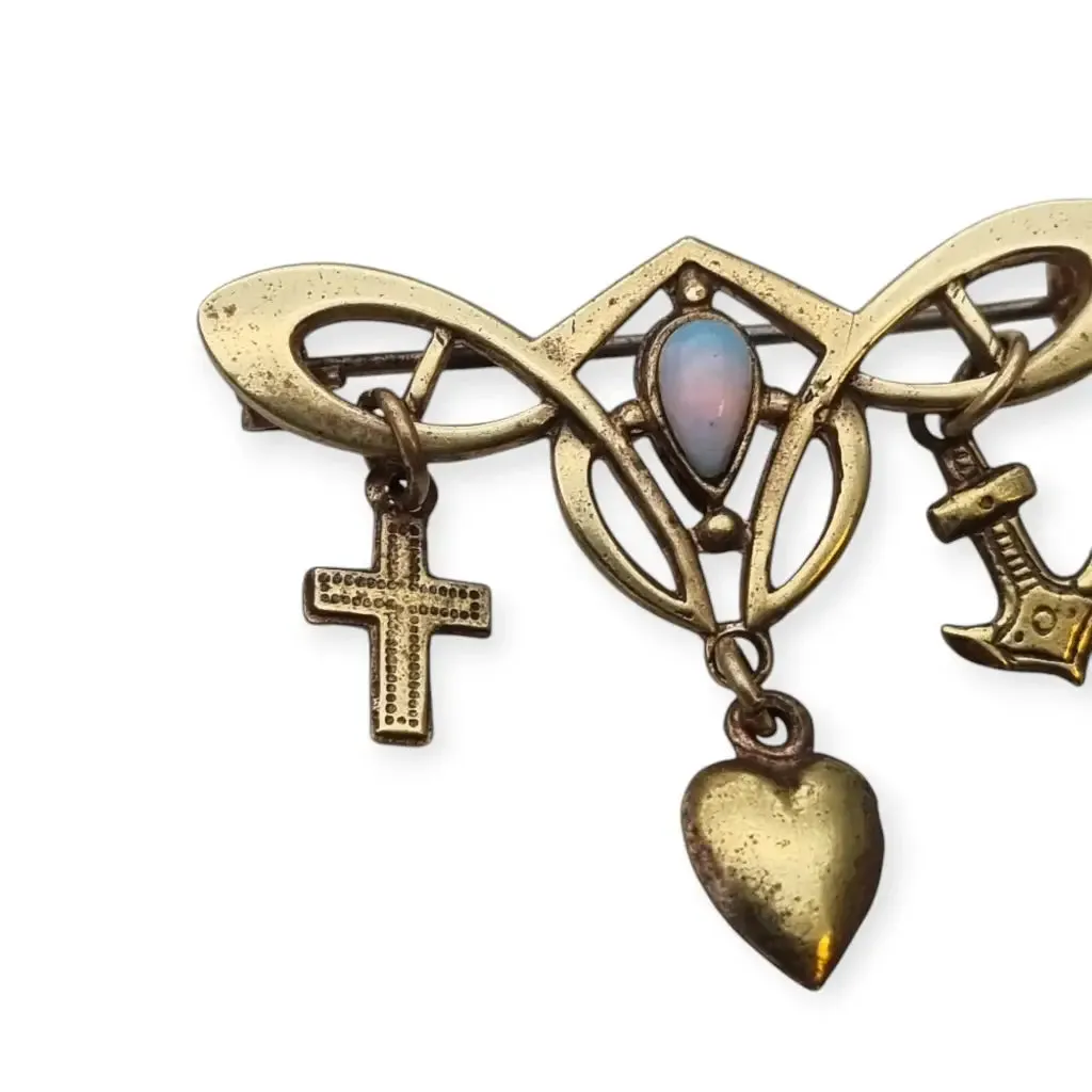 Art Nouveau Brooch Cross, Anchor and Heart for Faith, Hope and Love with Opal, 19th Century.