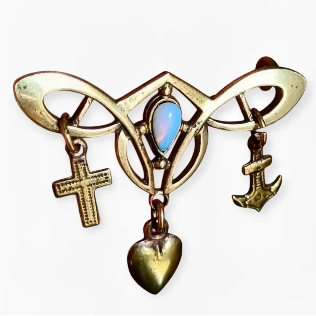 Art Nouveau Brooch Cross, Anchor and Heart for Faith, Hope and Love with Opal, 19th Century.