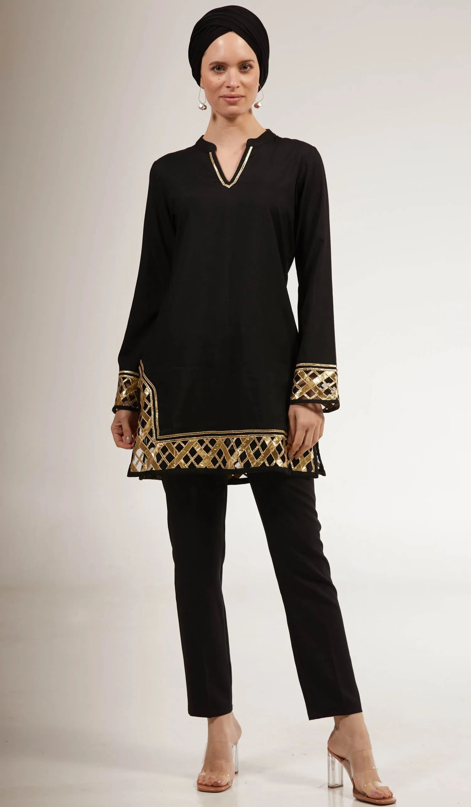 Behnaz Gold Embellished Long Modest Tunic - Black - PREORDER (ships in 2 weeks)