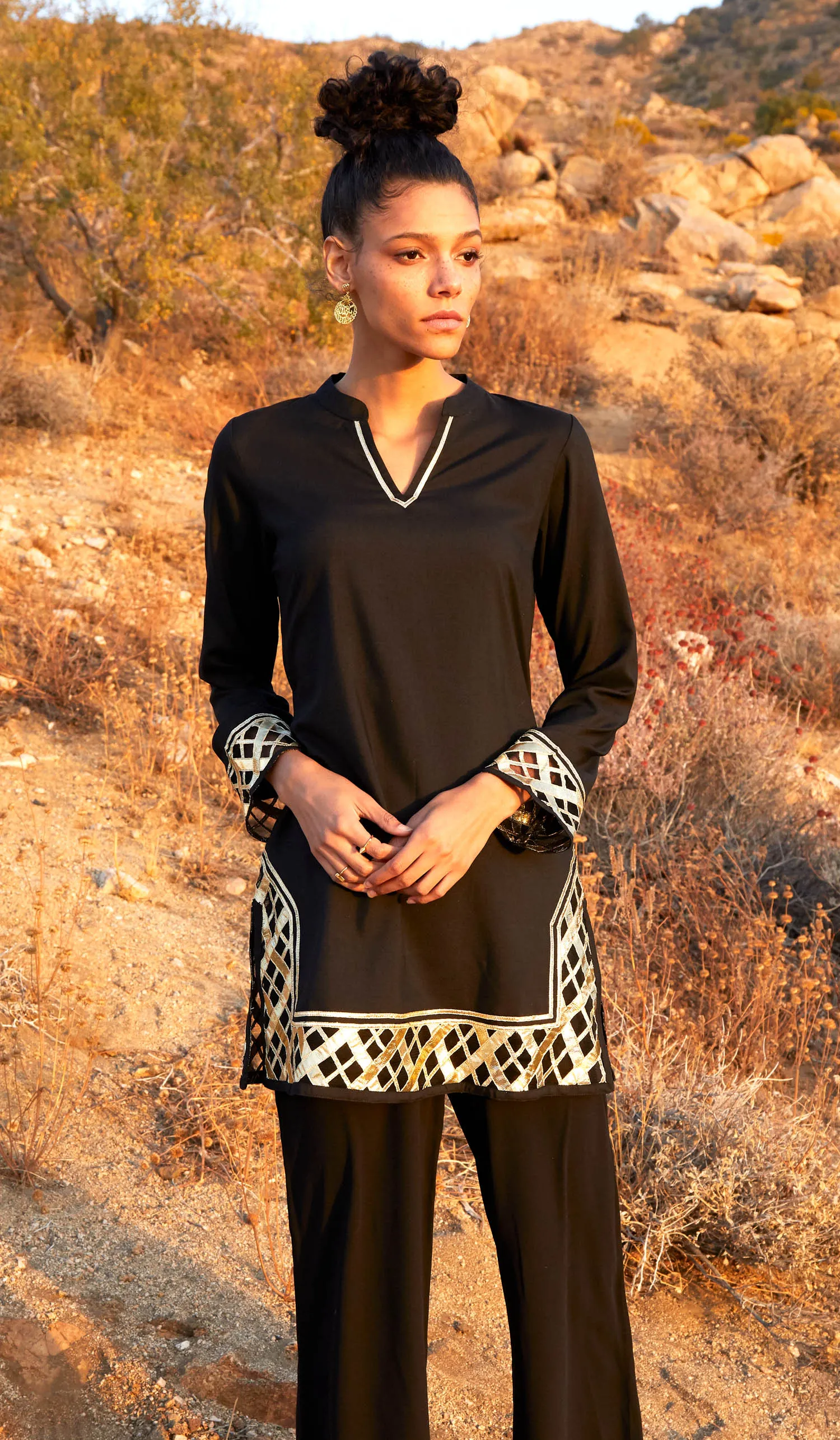 Behnaz Gold Embellished Long Modest Tunic - Black - PREORDER (ships in 2 weeks)