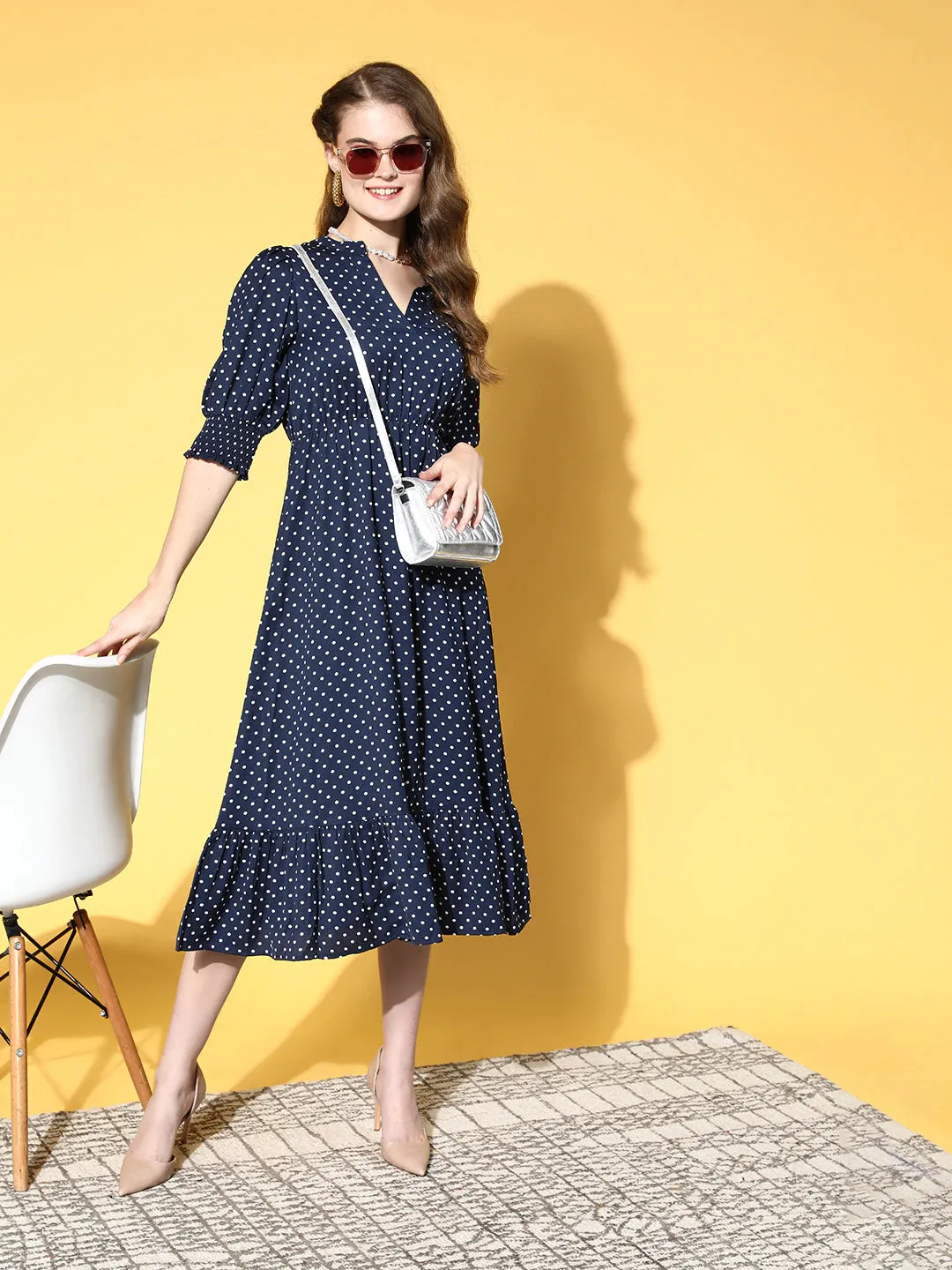 Berrylush Women Navy Blue & White Polka Dot Printed Mandarin Collar Neck Crepe Pleated Fit & Flare Midi Dress