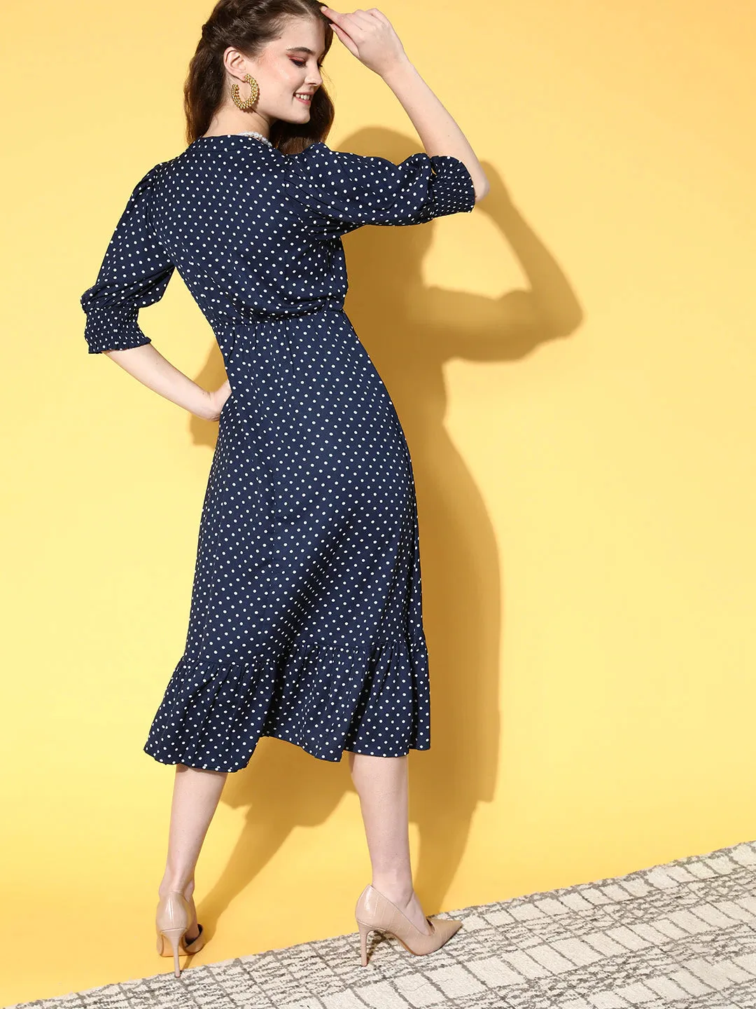 Berrylush Women Navy Blue & White Polka Dot Printed Mandarin Collar Neck Crepe Pleated Fit & Flare Midi Dress