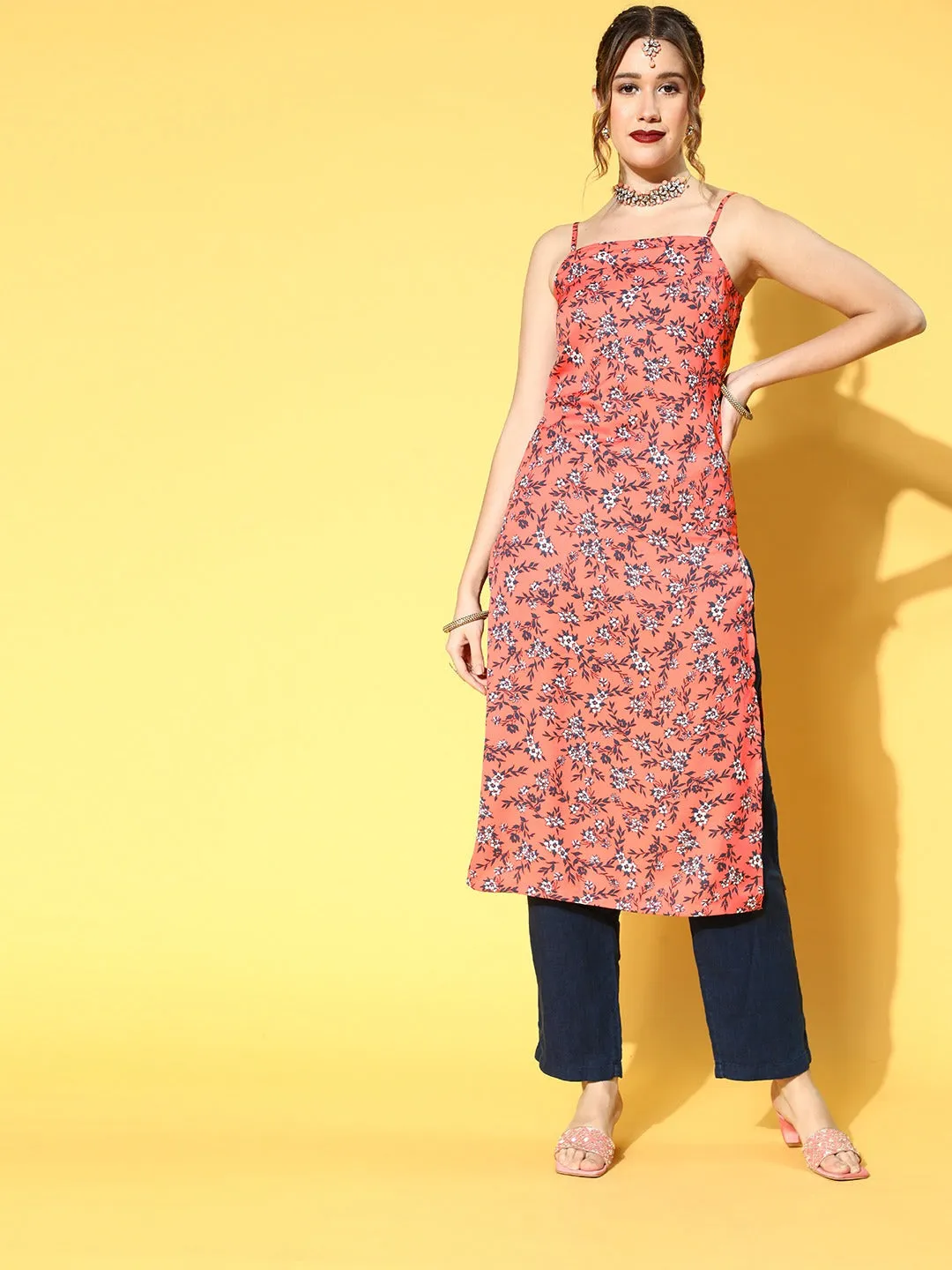 Berrylush Women Peach & Navy Blue Floral Printed Square Neck Side Slited Straight Calf Length Kurta