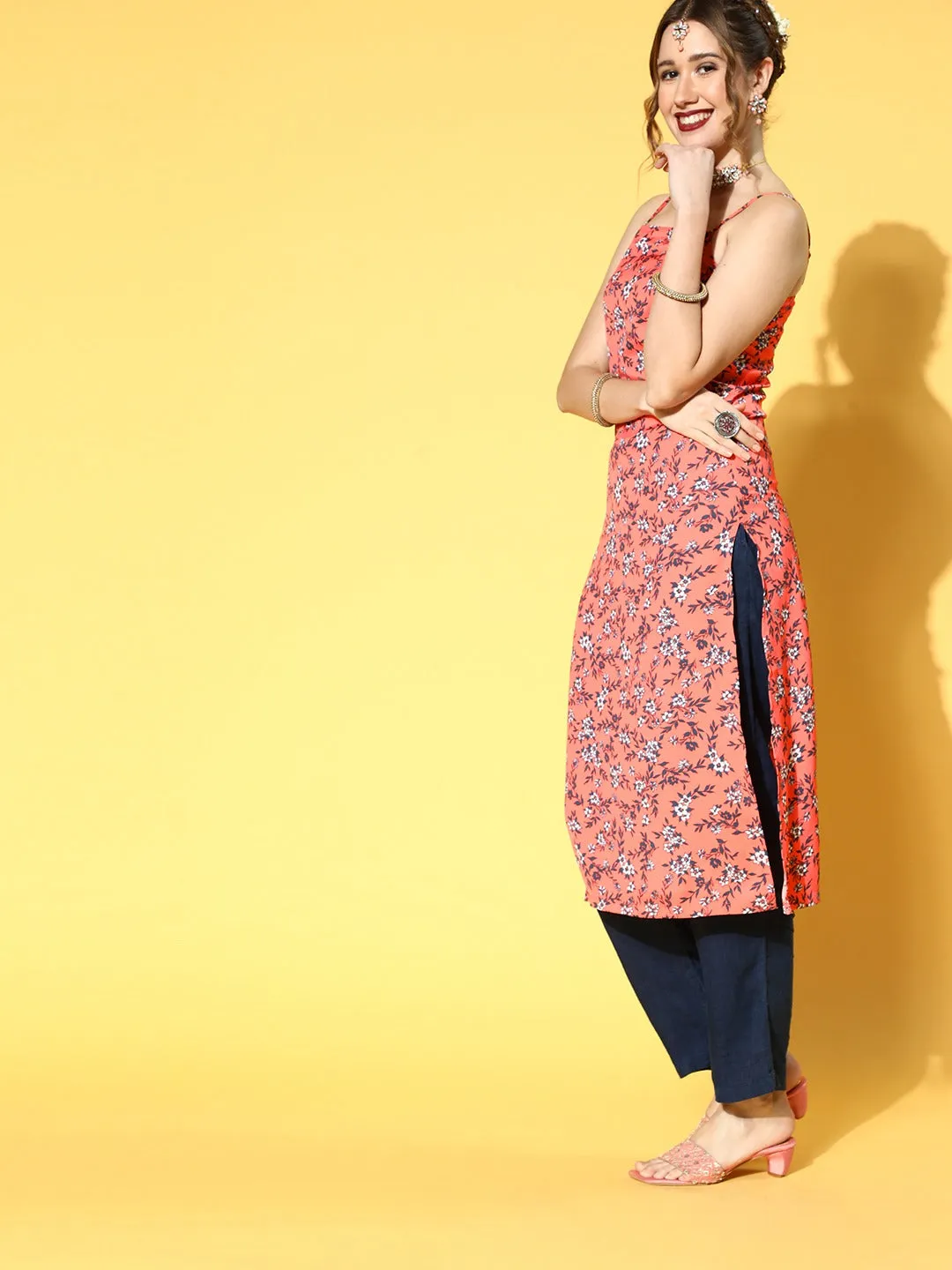 Berrylush Women Peach & Navy Blue Floral Printed Square Neck Side Slited Straight Calf Length Kurta