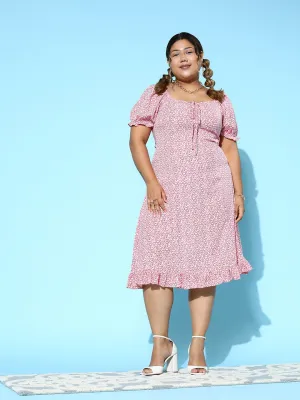 Berrylush Women Plus Size Light Pink & White Floral Printed Sweetheart Neck Front Tie-Up Flounce Hem A-Line Midi Dress