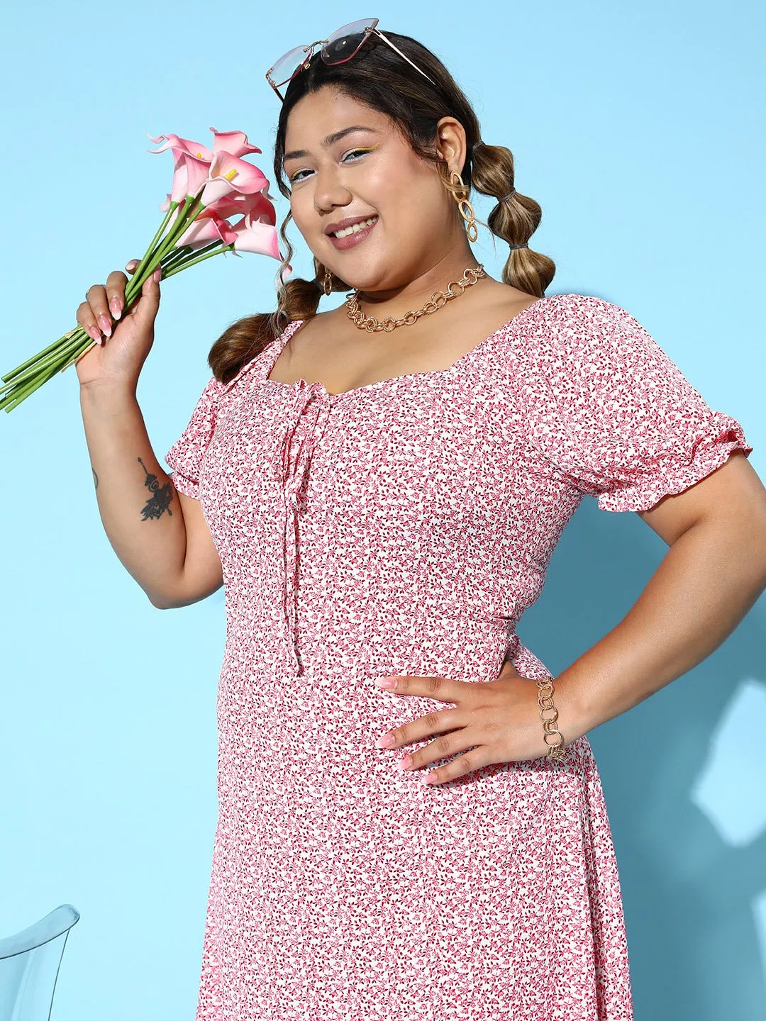 Berrylush Women Plus Size Light Pink & White Floral Printed Sweetheart Neck Front Tie-Up Flounce Hem A-Line Midi Dress