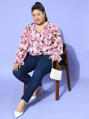 Berrylush Women Plus Size Pink & White Floral Printed V-Neck Button-Up Georgette Ruffled Regular Top