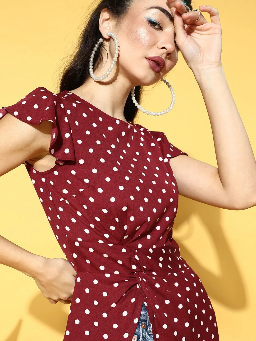 Berrylush Women Red & White Polka Dot Printed Round Neck Twisted High-Low Longline Top