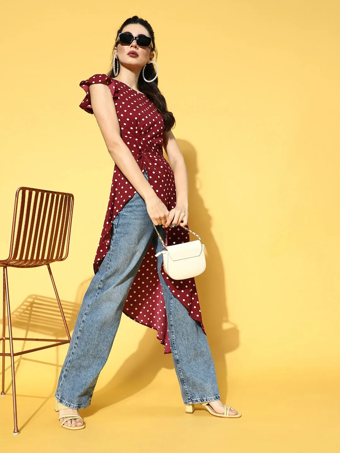 Berrylush Women Red & White Polka Dot Printed Round Neck Twisted High-Low Longline Top