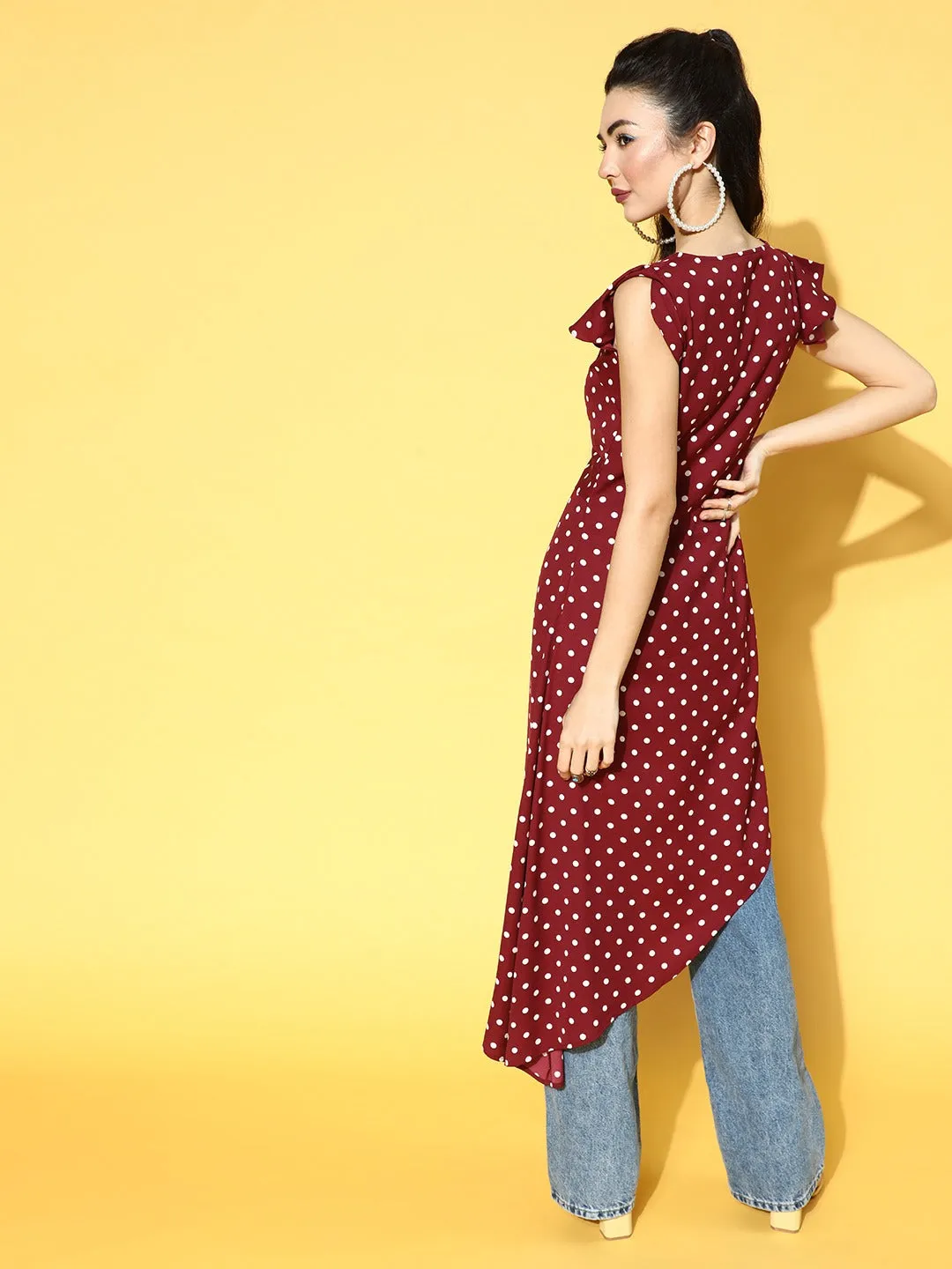 Berrylush Women Red & White Polka Dot Printed Round Neck Twisted High-Low Longline Top