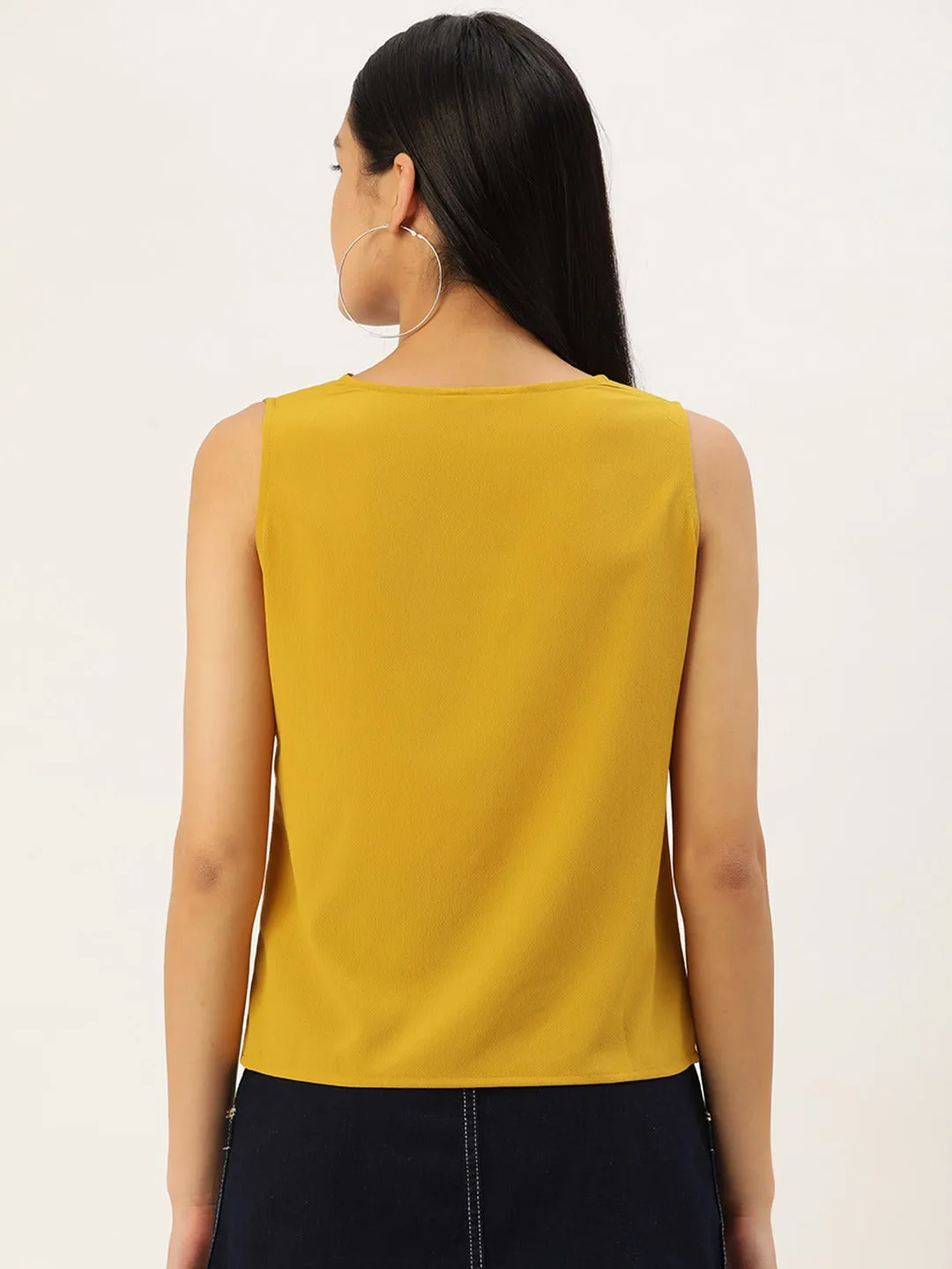 Berrylush Women Solid Yellow V-Neck Sleeveless Crepe Regular Top