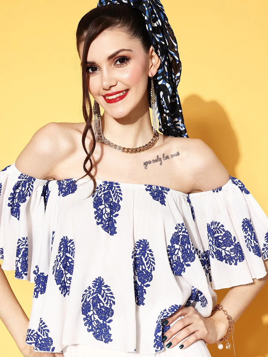 Berrylush Women White & Blue Ethnic Motifs Printed Off-Shoulder Neck Pleated Bardot Top