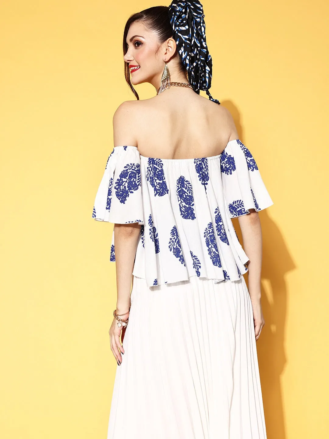 Berrylush Women White & Blue Ethnic Motifs Printed Off-Shoulder Neck Pleated Bardot Top