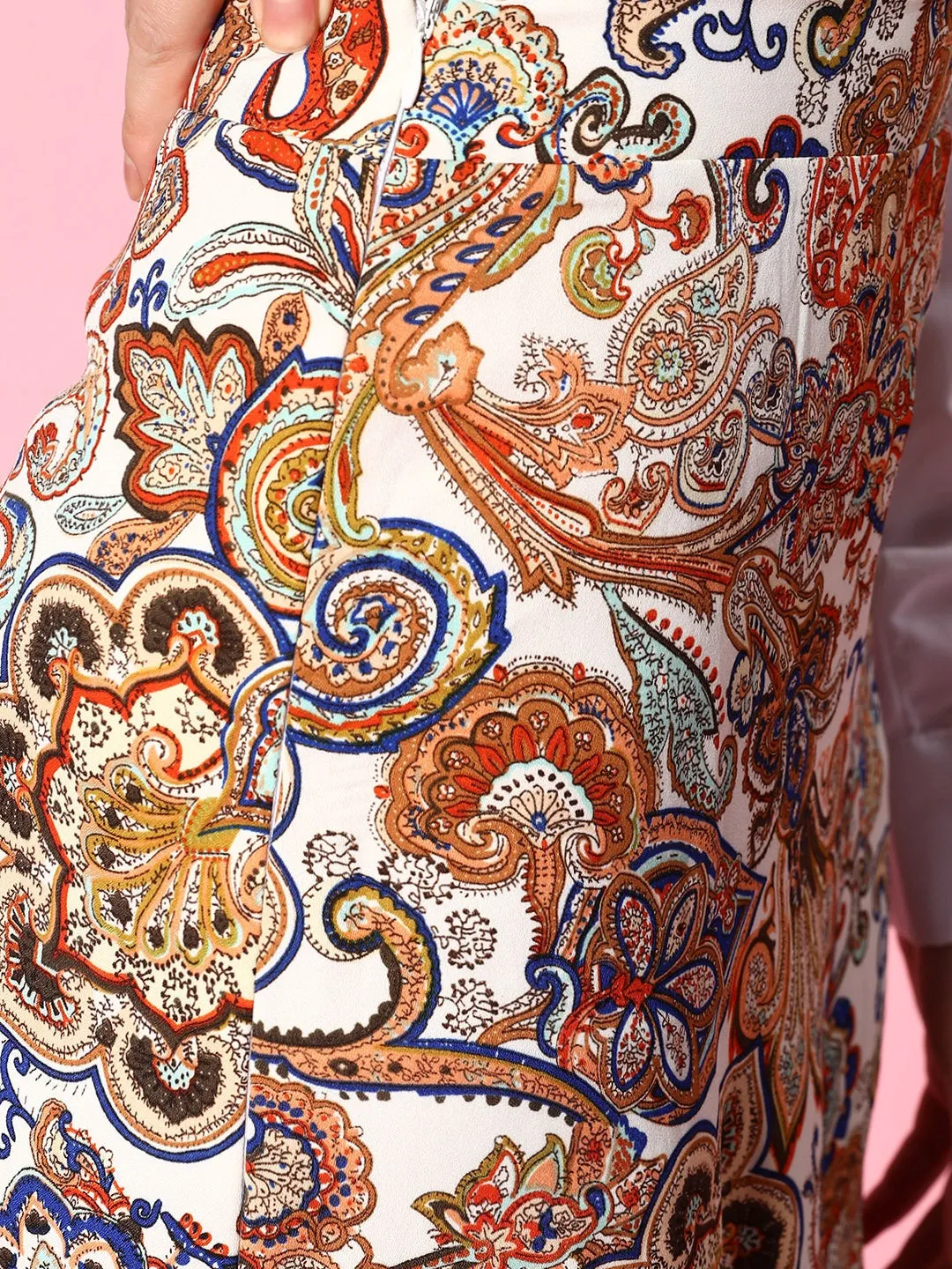 Berrylush Women White & Orange Paisley Printed High-Rise Waist Asymmetrical Hem Wrap Midi Skirt