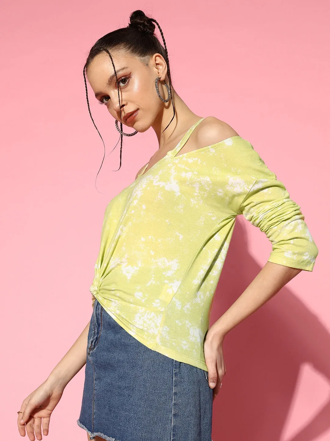 Berrylush Women Yellow & White Tie-Dye Printed Square Neck Cold-Shoulder Sleeves Twisted Regular Top