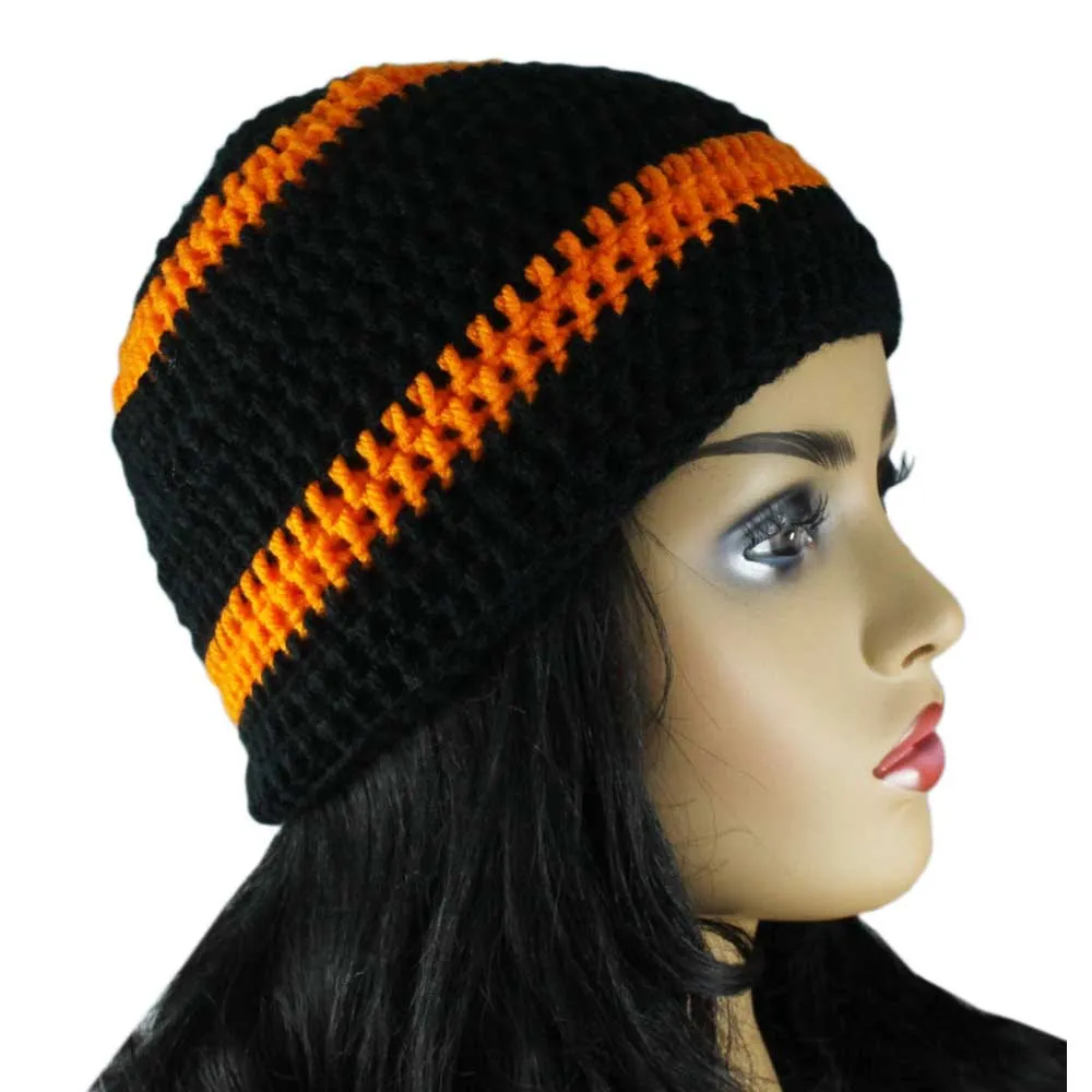 Black and Orange Crochet Beanie Hat Medium/Large - JMCH07