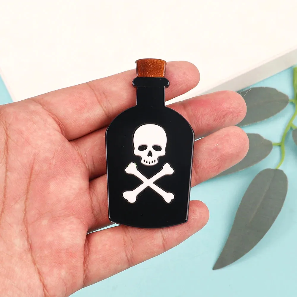 Black Poison Bottle Acrylic Brooches Skull and Cross Bone