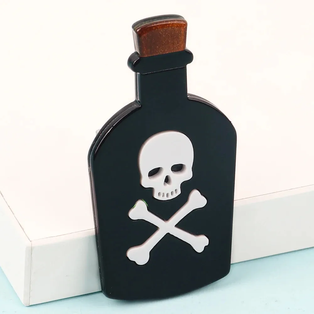 Black Poison Bottle Acrylic Brooches Skull and Cross Bone