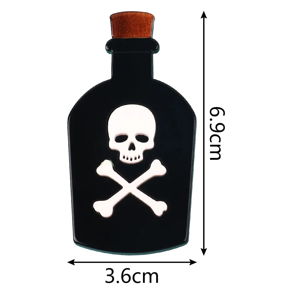 Black Poison Bottle Acrylic Brooches Skull and Cross Bone