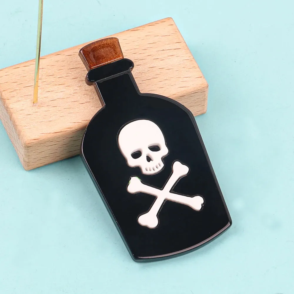 Black Poison Bottle Acrylic Brooches Skull and Cross Bone