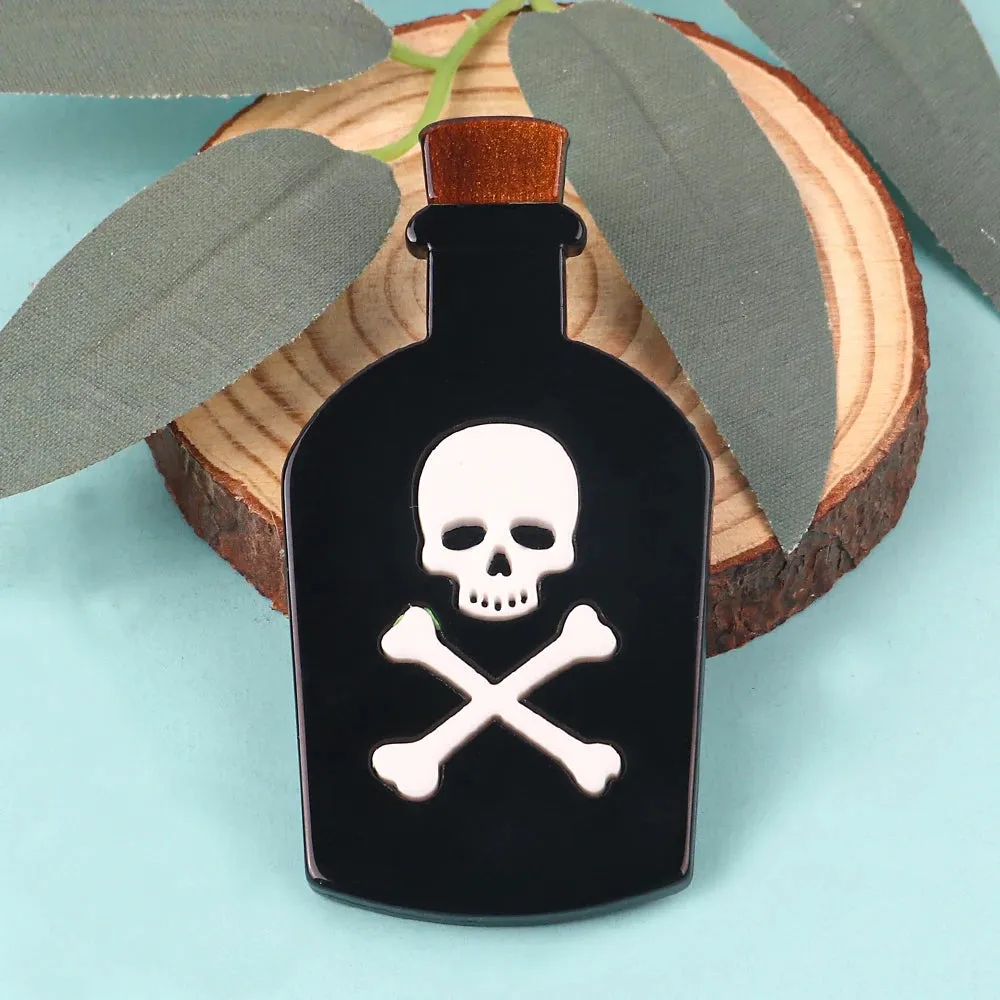 Black Poison Bottle Acrylic Brooches Skull and Cross Bone