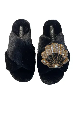 Black Slippers with Gold Scallop Shell