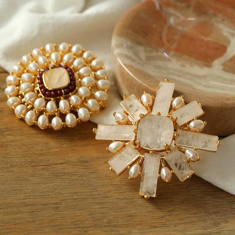 Crystal Cross Brooch & Sunflower Pearl Brooch