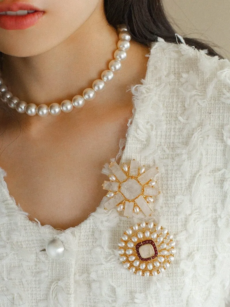 Crystal Cross Brooch & Sunflower Pearl Brooch