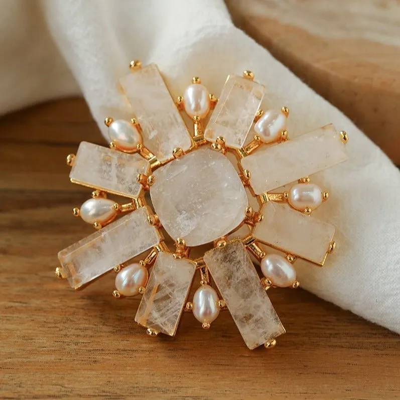 Crystal Cross Brooch & Sunflower Pearl Brooch