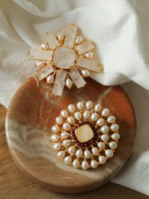 Crystal Cross Brooch & Sunflower Pearl Brooch