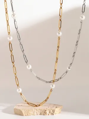 Elegant Paperclip Chain Necklace with Faux Pearls