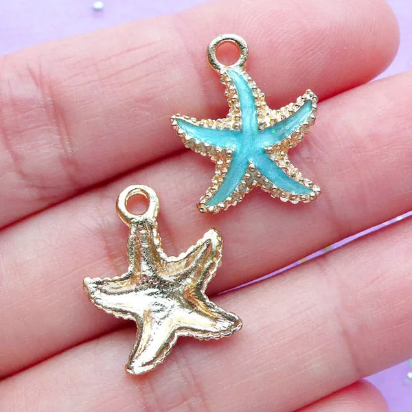 Enameled Starfish Charms | Marine Animal Pendant | Beach Bracelet Charm | Nautical Jewellery Supplies (2pcs / Blue / 15mm x 18mm)