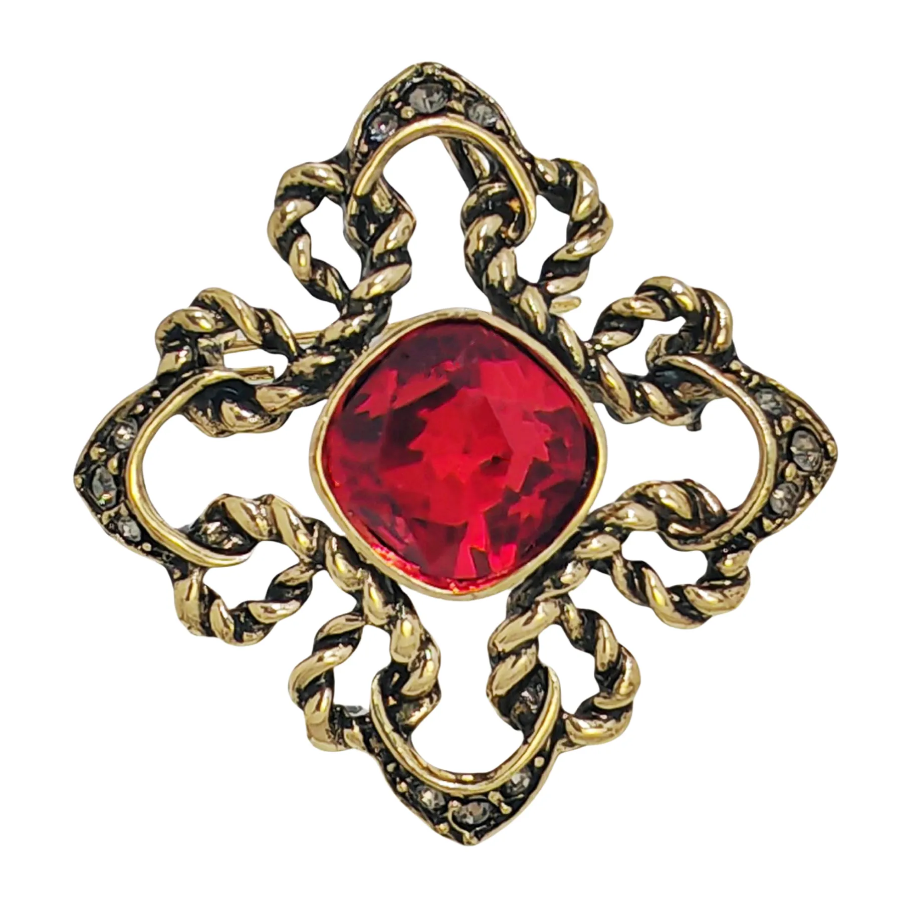 Fabulous Vintage Art Nouveau Red Rhinestone Brooch Pin Cross Jewely