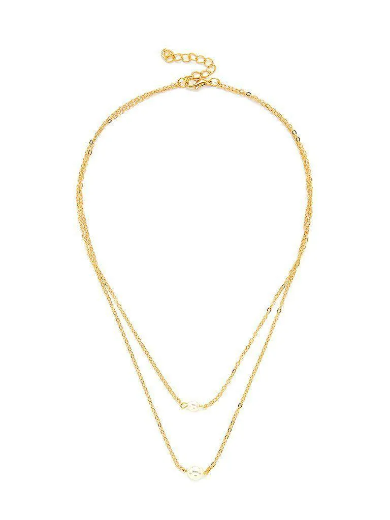 Faux Pearl Pendant Layered Chain Necklace