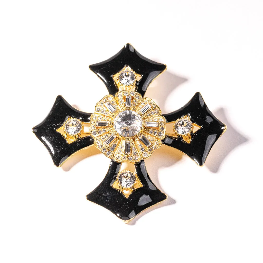 Gold, Crystal and Black Maltese Cross Pin