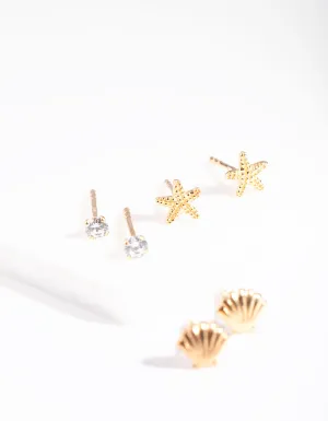 Gold Plated Sterling Silver Seaside Stud Earring Pack