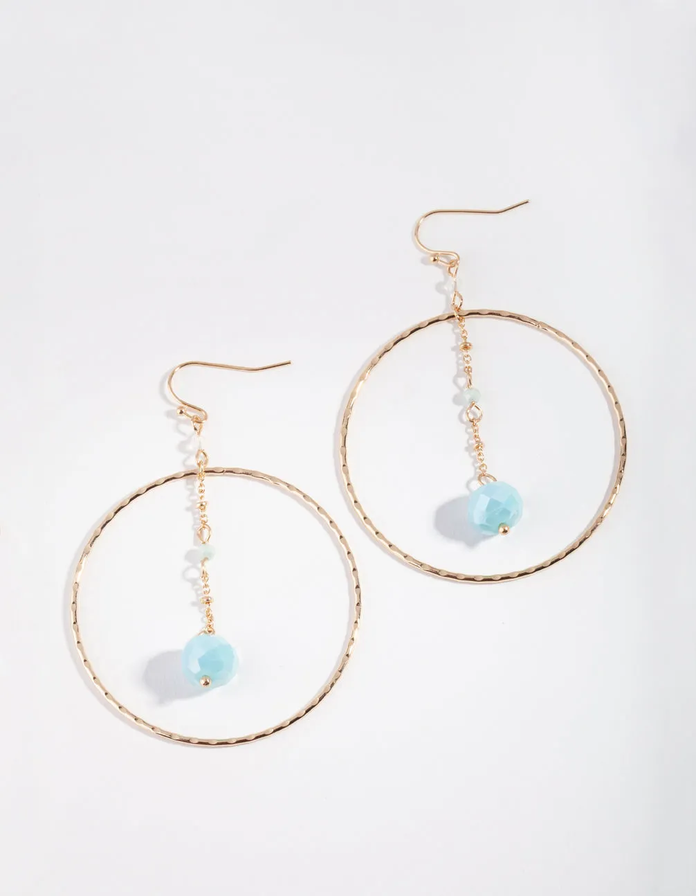 Gold Textured Loop Blue Bead Earring