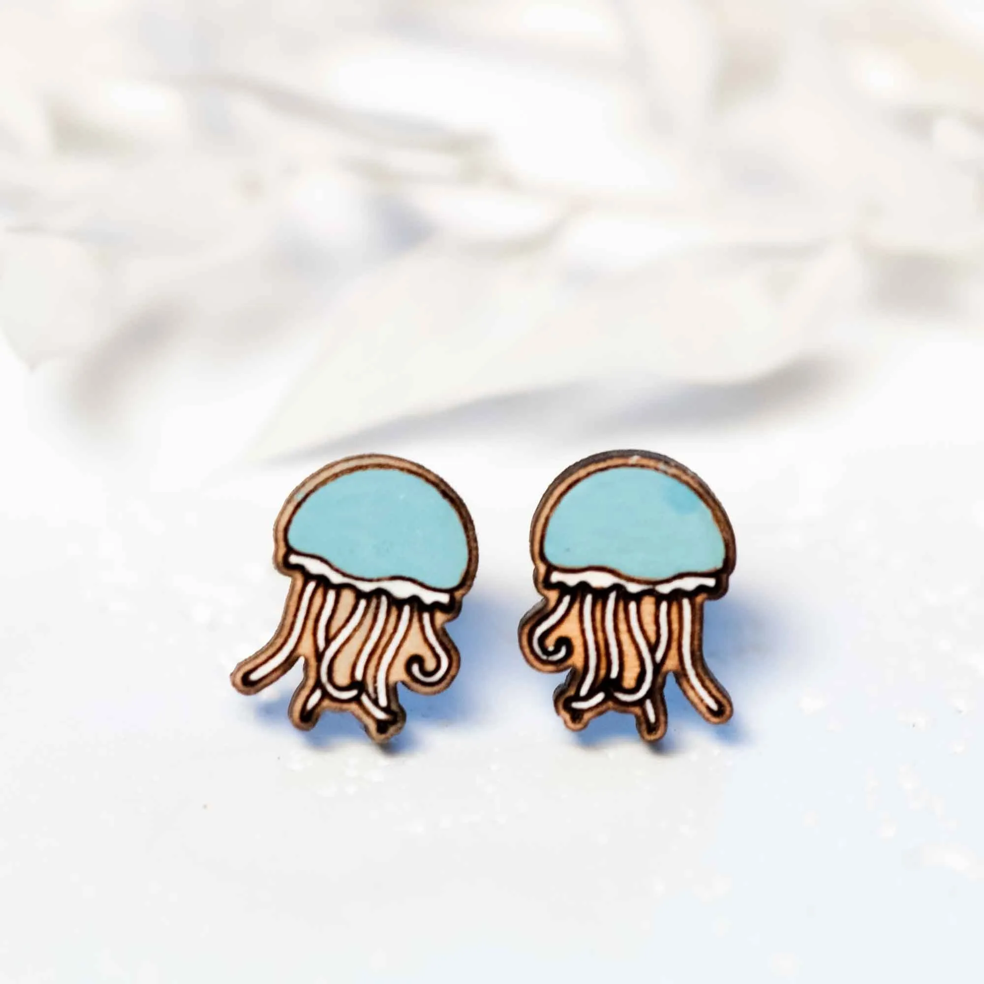 Hand-painted Blue Jellyfish Wooden Earrings - PES13095