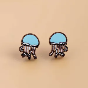 Hand-painted Blue Jellyfish Wooden Earrings - PES13095