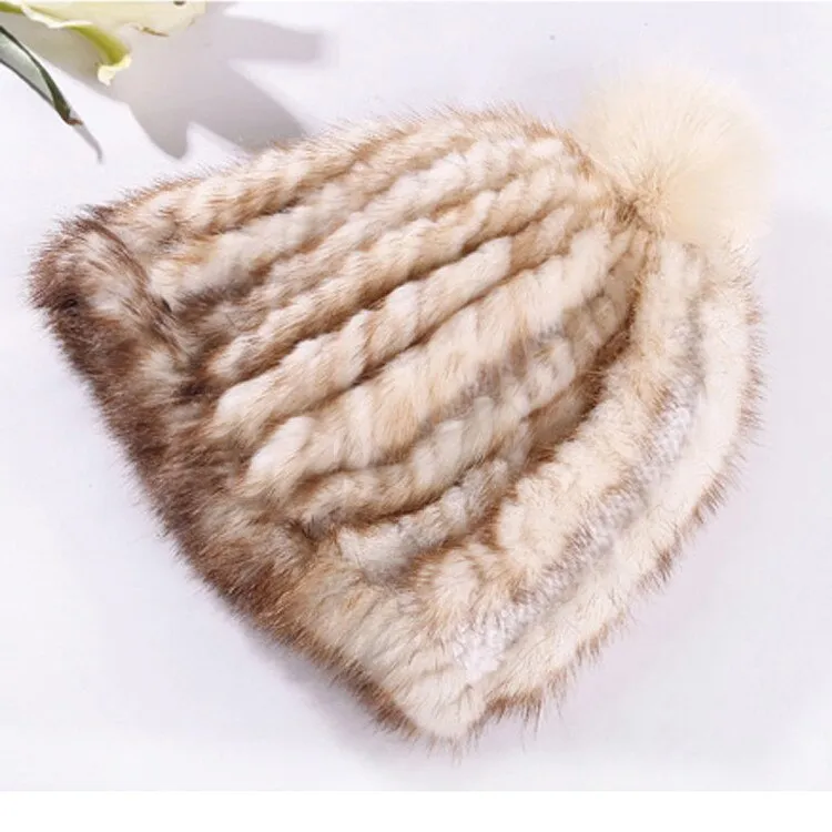 Hat with Ear Flaps Knitted Real Mink Fur Hat Fur Cap Fox Fur Pompom Beanie Headgear Headdress Head Warm Hat Fur Story FS14625