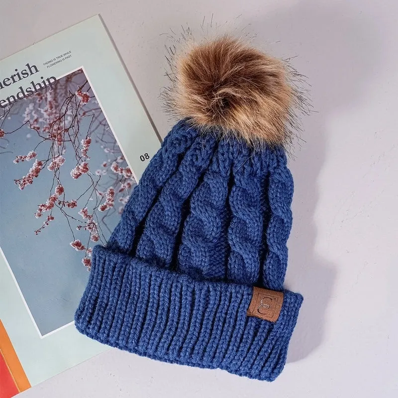 Korean Style Warm Leather Label Fur Ball Knitted Hat Wholesale