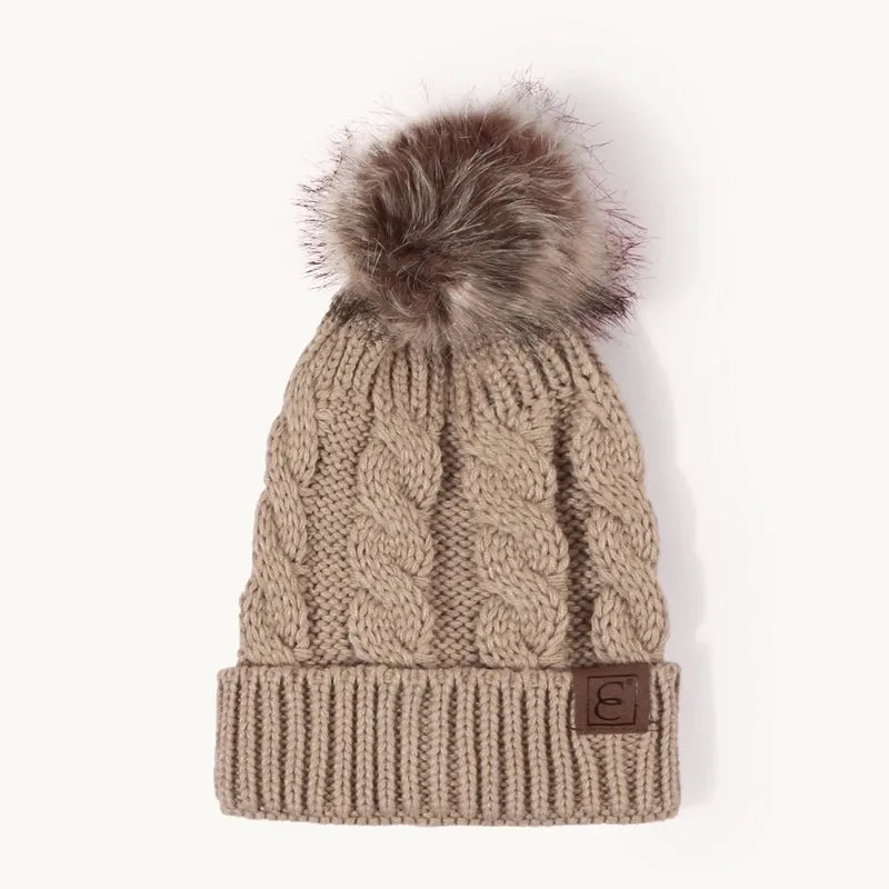 Korean Style Warm Leather Label Fur Ball Knitted Hat Wholesale