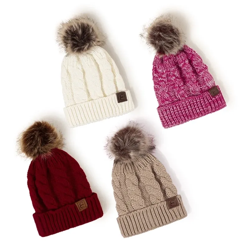 Korean Style Warm Leather Label Fur Ball Knitted Hat Wholesale